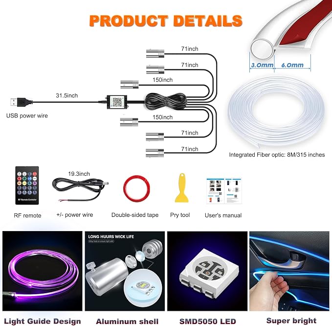 Car LED Strip Lights, USB Interior Ambient Lighting Kits with Wireless APP and RF Remote Control, 16 Million Colors Music Mode Car Decoration Lights with 315 inches 3.0mm Fiber Optic (6 in 1)