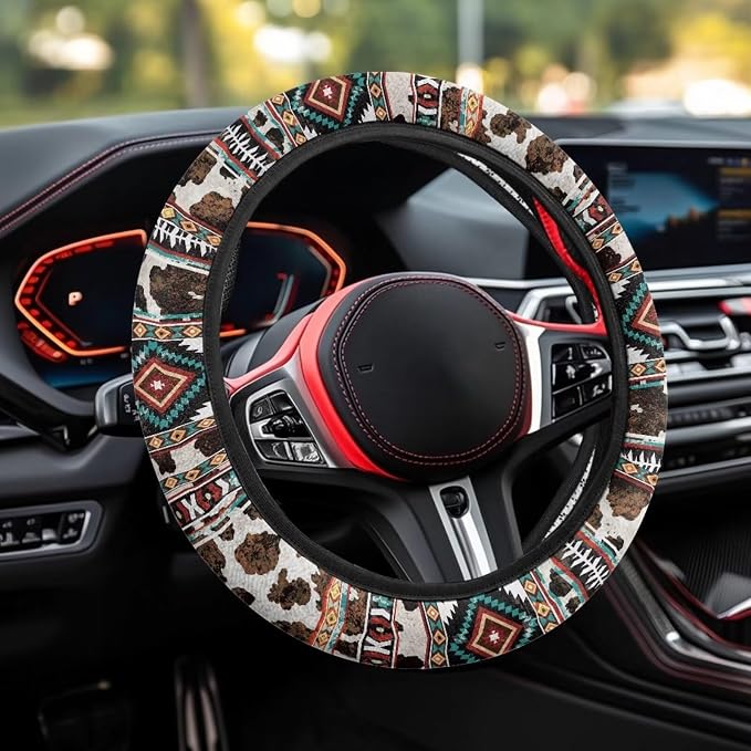Car Steering Wheel Cover 15 Inch Universal Breathable Soft Anti-Slip Auto Accessories Steering Wheel Protector Fit for Most Vehicles, Aztec Geometric Cow Print