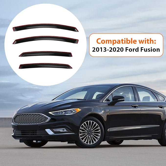4pcs Smoke Tint Window Visors Compatible with 2013-2020 Ford Fusion, Set of 4 Front+Rear Sun Rain Guard Vent Outside Mount Tape On Style Acrylic
