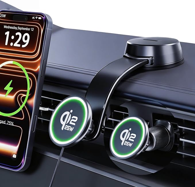 Upgrade [for Qi2.2-Certified] 25W for MagSafe Wireless Car Charger Mount, 2XFast Charging[90+LBS Safe Suction] Magnetic Phone Holder Dashboard Windshield for iPhone 17/16/15/14/13/12 Pro Max, Charcoal