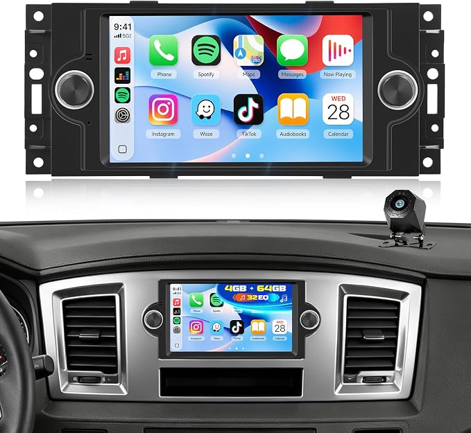4G+64G Car Radio for Dodge Ram 1500 2500 3500 2006 2007 2008 with Wireless CarPlay Android Auto, 6.2 inch HD Touch Screen Car Stereo with Bluetooth 5.0 32EQ GPS WiFi FM Backup Camera