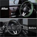 Car Steering Wheel Cover Leather Snap On 3Pcs Set Non-Slip Protector Wrap Steering Wheel Accessories 14.5-15 inch Universal Green