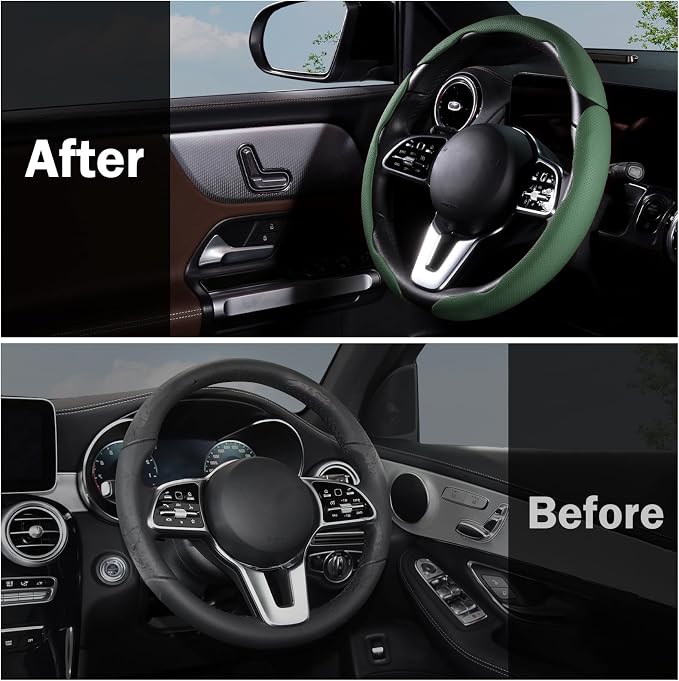 Car Steering Wheel Cover Leather Snap On 3Pcs Set Non-Slip Protector Wrap Steering Wheel Accessories 14.5-15 inch Universal Green