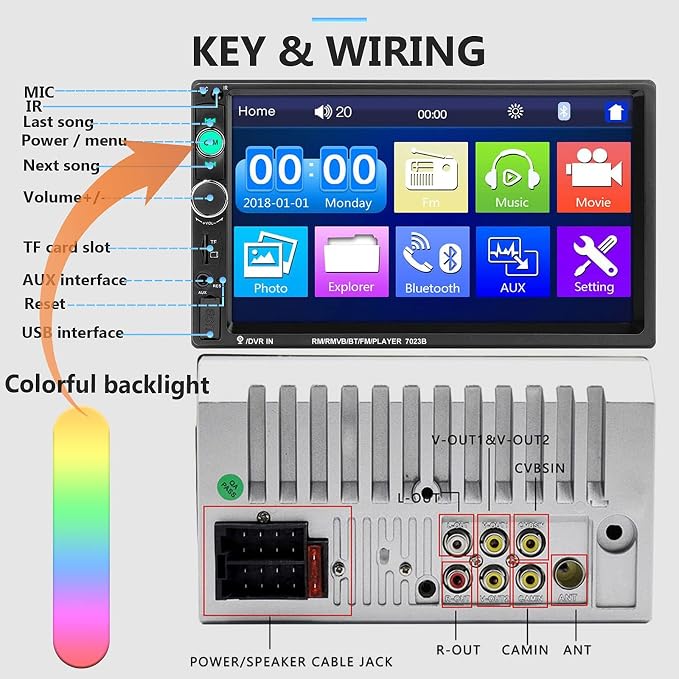 Car Stereo Double Din Car Radio 7 Inch MP5 Player with HD Touch Screen Digital Display Bluetooth Multimedia Support PhoneLink USB SD Aux-in 2 Din Autoradio with Backup Camera