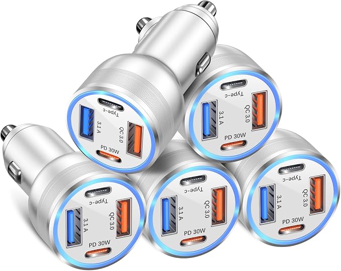 USB C Car Charger 5 Pack, 65W 4-Port Dual 12V USB Car Charger QC+PD 3.0 Fast Charging Cigarette Lighter Adapter Plug for iPhone 16 15 14 13 12 11 Pro Max iPad,Samsung (Silver)