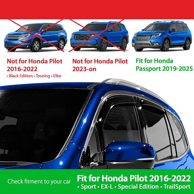 Goodyear Shatterproof in-Channel Window Deflectors for Honda Pilot 2016-2022/Honda Passport 2019-2025, Rain Guards, Window Visors for Cars, Vent Deflector, Car Accessories, 4 pcs - GY008168