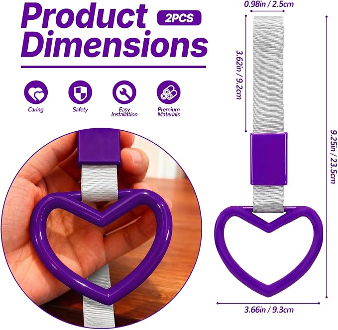 2 Pcs Heart Shaped Car Handle Strap – JD M Drift Charm Rear Bumper Warning Ring Decor for Car Interior Exterior, Subway Bus Handle Accessory, Cute Heart Car Decor Gift for Drivers (Purple-Silver)