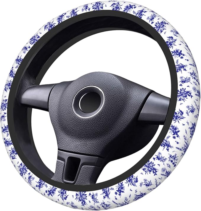 Floral Steering Wheel Cover Car Elastic Steering Wheel Protector | Blue White Anti-Slip Breathable Car Accessories Interior for Women Men Universal 15 Inch Fit Auto SUVs Vans Truck