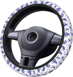 Floral Steering Wheel Cover Car Elastic Steering Wheel Protector | Blue White Anti-Slip Breathable Car Accessories Interior for Women Men Universal 15 Inch Fit Auto SUVs Vans Truck