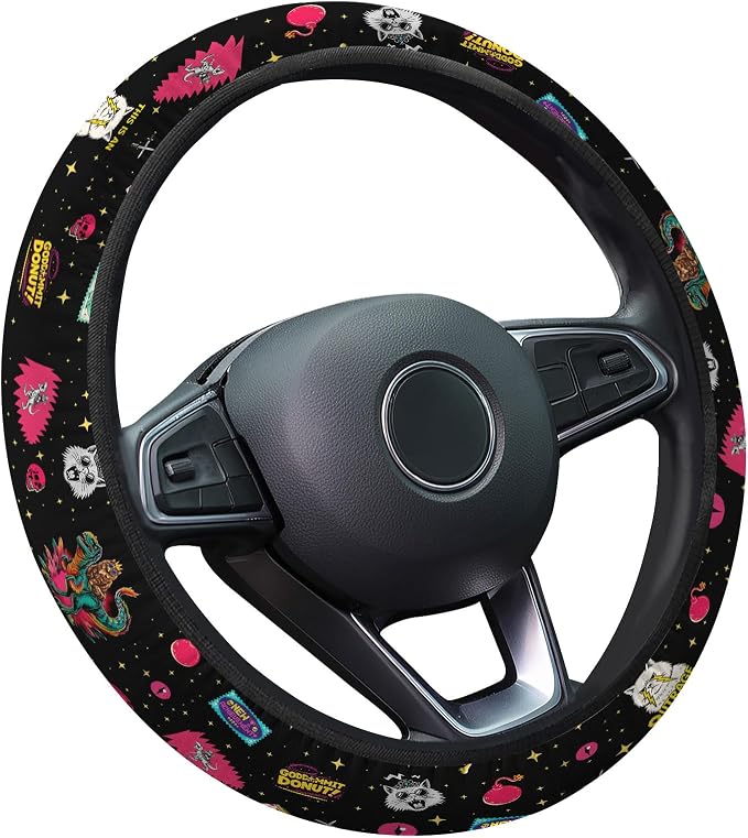 Neon Space Cat Adventure Steering Wheel Cover, Non-Slip Polyester Wheel Grip, Universal 15 Inch Car Accessory