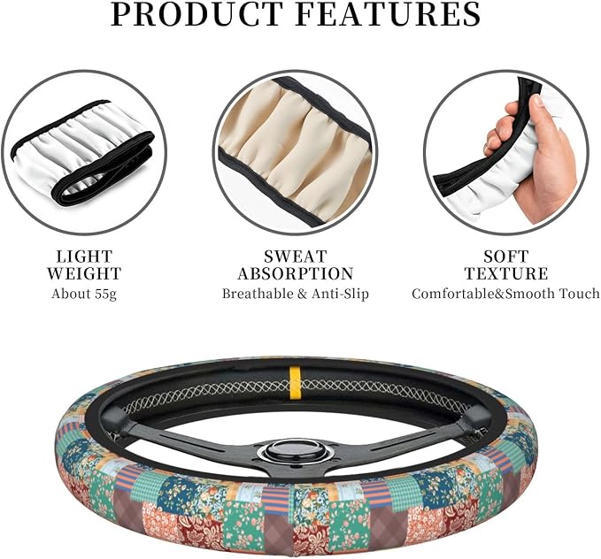 Boho Patch Elastic Steering Wheel Cover Non-Slip Breathable Steering Wheel Protector Fit Auto, SUVs, Truck
