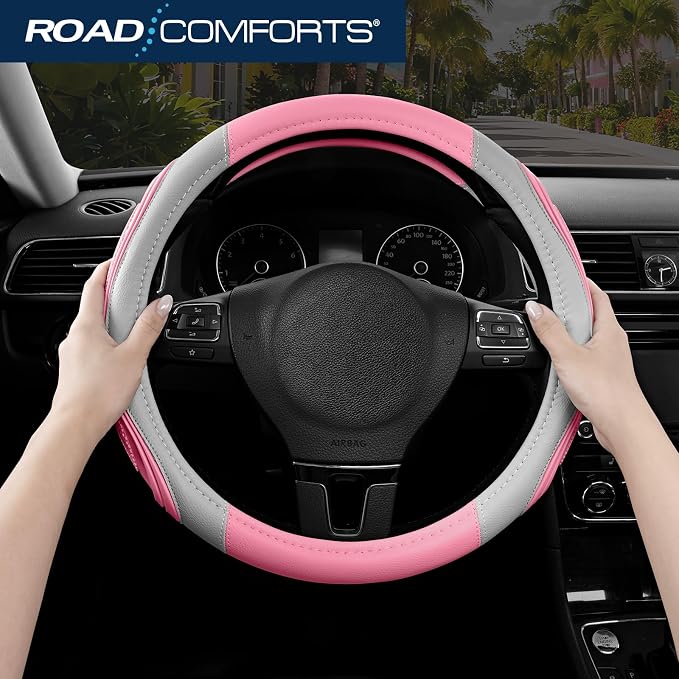 Car Steering Wheel Cover - Microfiber Leather Steering Wheel Wrap Sports 14.5-15 Inch Steering Wheel Cover Non-Slip for Men Women Pink & Gray Color