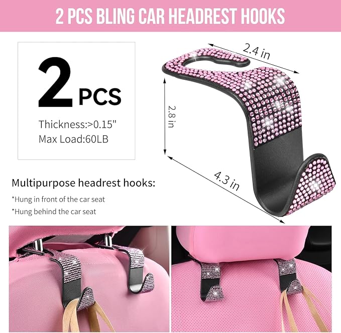 11 PCS Bling Diamond Car Accessories Set for Women, Sparkly Rhinestone Steering Wheel Cover, Bling Seat Belt Cushion, Shift Knob Cover, Push Start Button Ring, Cup Holder Coaster, Black Pink