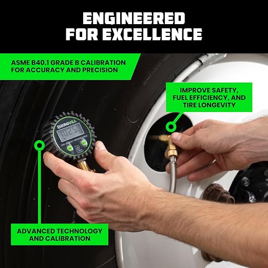 Rhino USA Digital Tire Pressure Gauge (0-250 PSI) - Professional ANSI B40.7 Accurate, Easy Read Glow Dial, Premium Braided Hose - Heavy Duty Air Guage for Truck Tires, Cars, Semi, RV & More!