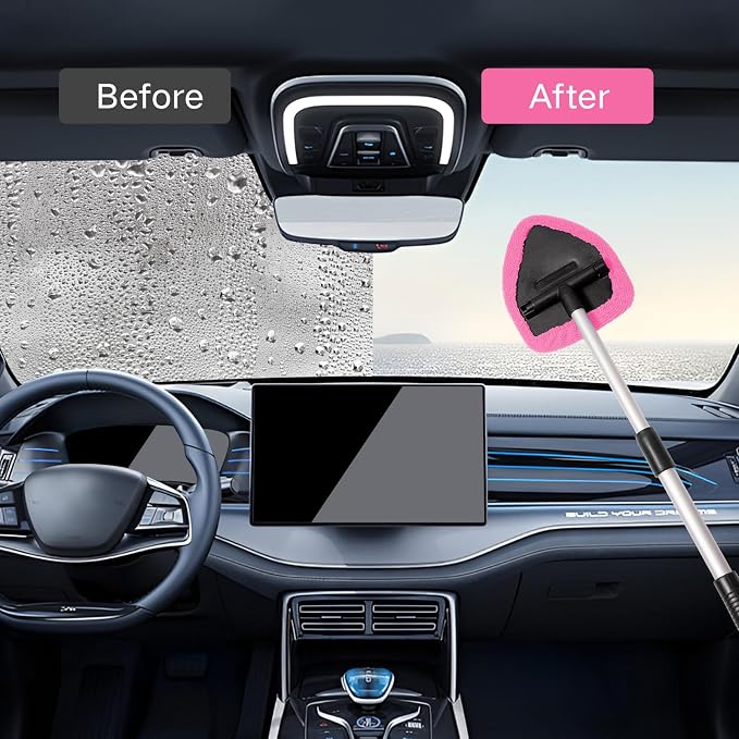 10pcs Windshield Cleaner Tool, Car Window Cleaning Wash Kit with 4 Reusable Microfiber Pads 1 Spray Bottle and Extendable Handle Auto Glass Wiper Kit, Pink
