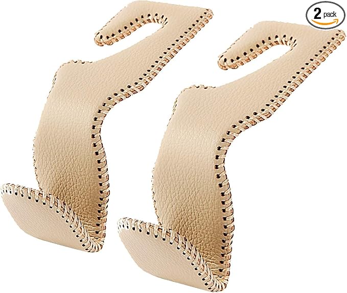 Headrest Hooks for Purses and Bags, Car Back Seat Headrest Hanger Vehicle Beige Leather Storage Hook, Pack of 2