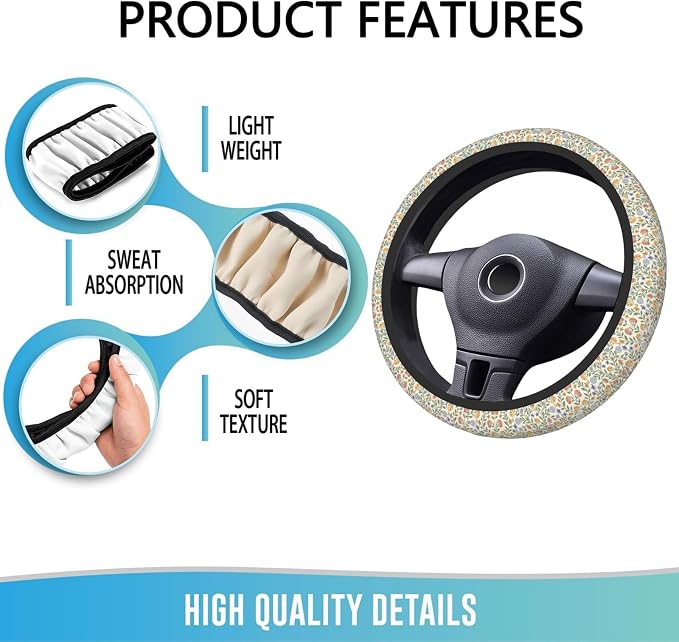 Elastic Steering Wheel Cover Car Accessories Cute Universal 15 Inch Absorbing Sweat Non-Slip Breathable for Woman - Green Floral