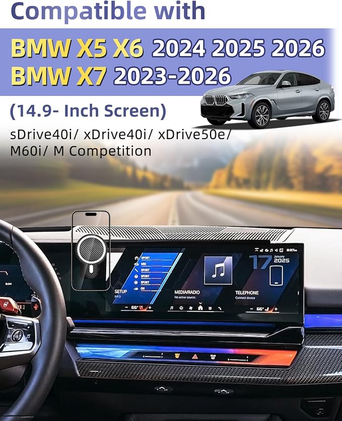 PZK Car Phone Mount for BMW X5 X6 2024-2026 & BMW X7 2023-2026 Accessories | Magnetic 15W Fast Wireless Charger Car Phone Holder Custom 14.9-inch Screen 360° Rotation with Storage Box Not Block Vent