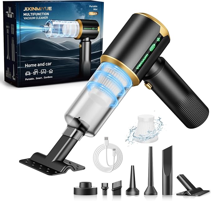 Cordless Car Vacuum Cleaner: Handheld Vacuum with 16000Pa Strong Suction, 𝐁𝐫𝐮𝐬𝐡𝐥𝐞𝐬𝐬 𝐌𝐨𝐭𝐨𝐫 & HEPA Filter, 7-in-1 Cleaning Kit, Type-C Charging for Home Office Car - Black