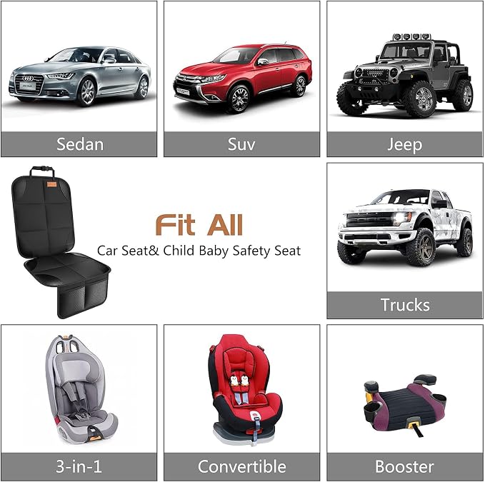 Car Seat Protector [1 Pack] Large Auto Protector for Child Seats with Thickest Padding and Non-Slip Backing Mesh Pockets for SUV, Sedan, Truck, Leather and Fabric - Black
