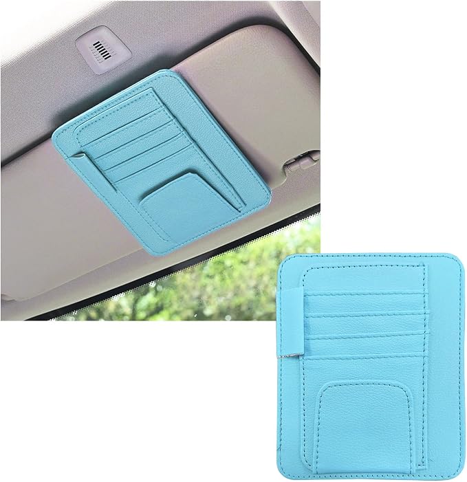 Small Leather Car Sun Visor Organizer, Multifunctional Auto Visor Document Holder with Sunglasses Clip, Universal Car Interior Organizer for Drving License, Card, Pen (Blue)