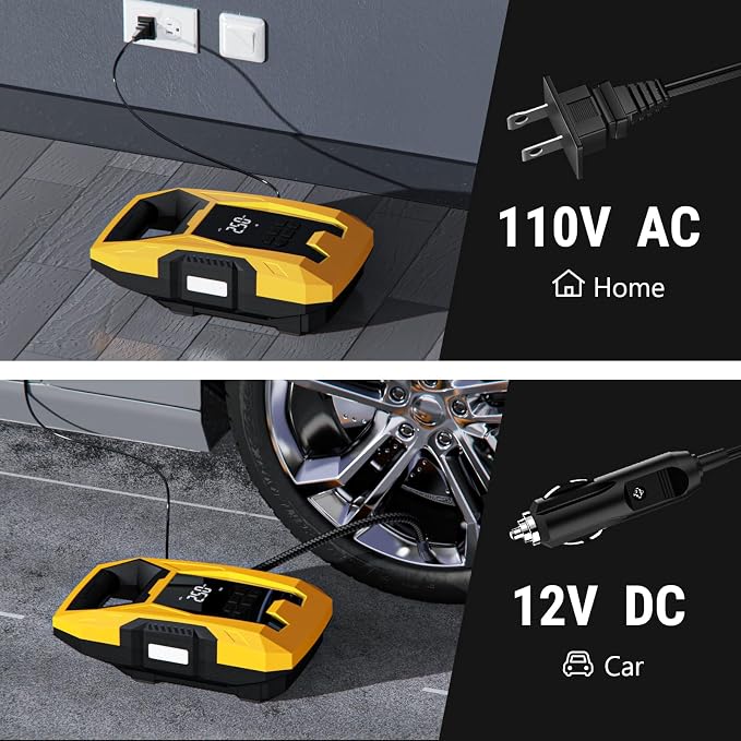 AC/DC Tire Inflator Portable Air Compressor, Dual Power for Home 110V AC and Car 12V DC Air Pump with Pressure Gauge, Auto Shutoff, Tire Pump for Car Motorcycle Bicycle and Other Inflatables