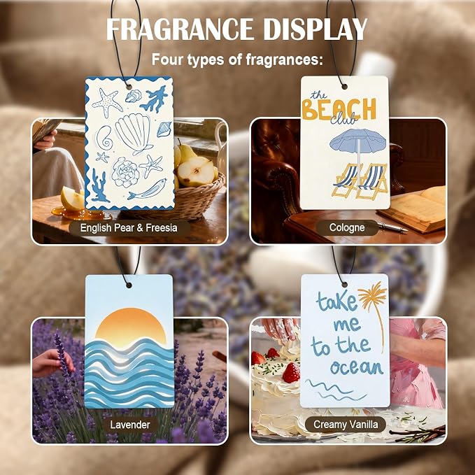Coastal Blue Beach Air Freshener Diffuser Hanging for Car Interior Closet Drawer Home 4 Pcs, Nautical Summer Seaside Sunrise Beachy Car Accessories Mirror Decor