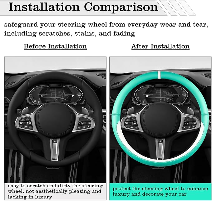 Car Leather Steering Wheel Cover - Panapi Material, Universal 14.5-15 Inch Leather Anti-Slip Breathable Auto Steering Wheel Covers for Men Women (Nappa Leather - Blue & White)