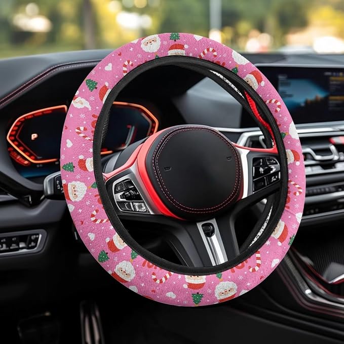 Steering Wheel Cover for Women Sweat Absorbing Non-Slip Protection | Santa Claus Pink Print, Universal Fit Most Car Sedans SUVs, Comfort Grip Breathable Steering Wheel Protector