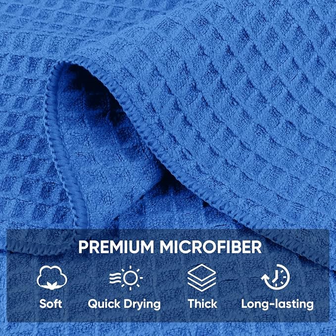 Waffle Weave Microfiber Towel, 10 Pack Lint Free Cleaning Rags, 12 x 12 Inches Barista Towels, Reusable Microfiber Cleaning Cloth for Household, Kitchen, Glass and Window, Blue