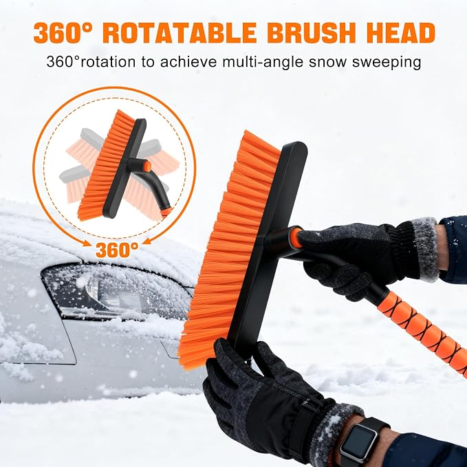 Snow Brush and Ice Scrapers for Car Windshield, Detachable Snow Remover for Cars EVA Foam Grip and Rotatable Brush Head Snow Scraper for Car Trucks SUV, Winter Cars Accessories (Orange)