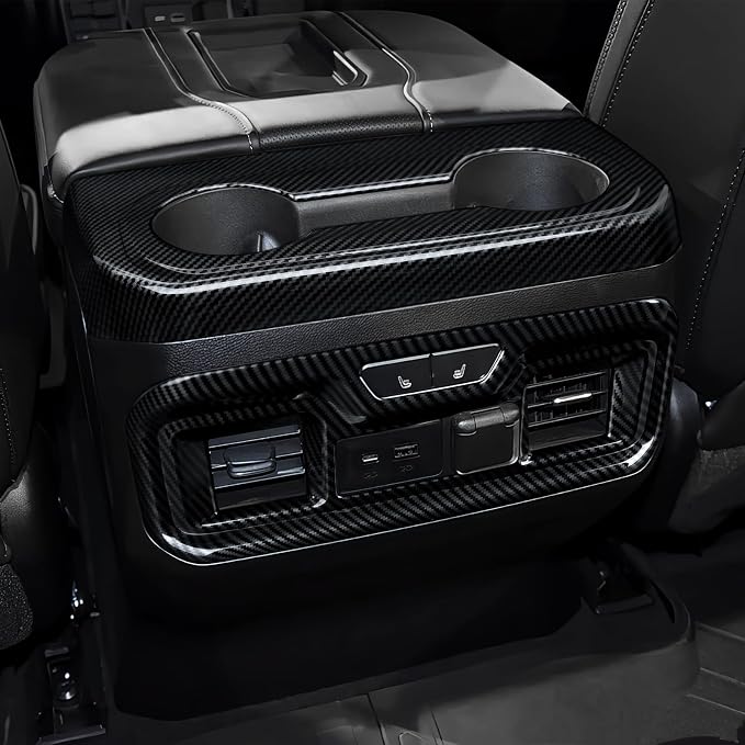 ABS Carbon Fiber Rear ArmrestBox Cup Holder Trim Cover Accessories for 2019-2025 Chevy Silverado | for 2019-2021 GMC Sierra 1500 2500 3500 HD Decal