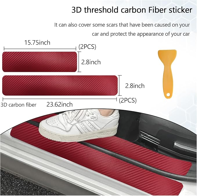 4 PCS Car Door Sill Protector, 3D Carbon Fiber Auto Door Entry Edge Guard Protection Trim, Anti-Scratch Threshold Cover Strips, Sill Protection Sticker for Car SUV Truck (Red)