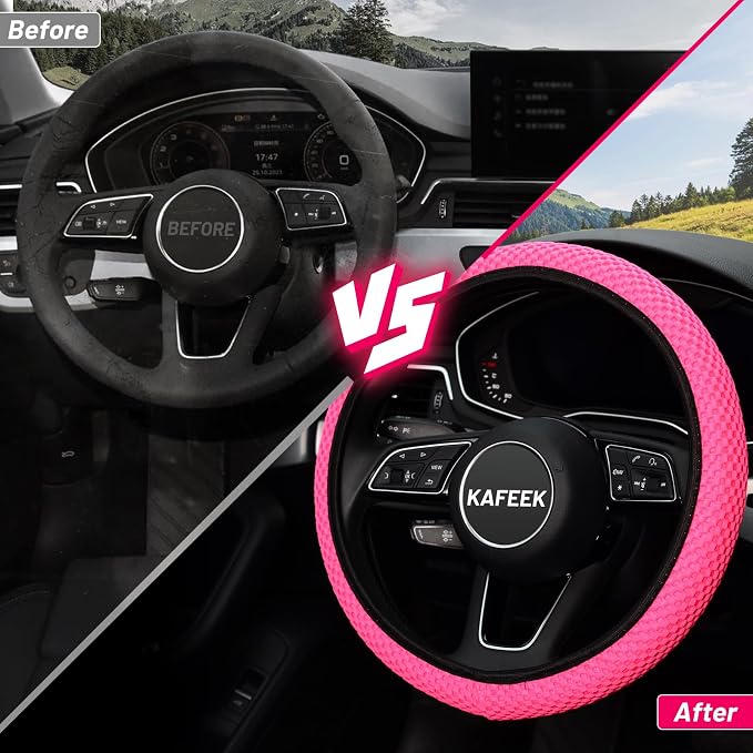 Elastic Stretch Steering Wheel Cover 15 Inch, Breathable Ice Silk Microfiber, Non-Slip Grip, Warm in Winter and Cool in Summer, Odorless, Car Accessories Fit Cars, SUVs, Rose Red