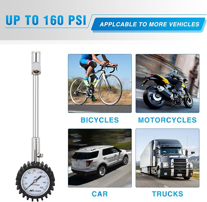 Tire Pressure Gauge 160PSI Heavy Duty Stainless Steel Dual Head Air Pressure Chucks ANSI B40.1 Certified Large 2" Dial Wheel Checker for Truck Semi Truck ATV Motorhome Cars & RV Accessories
