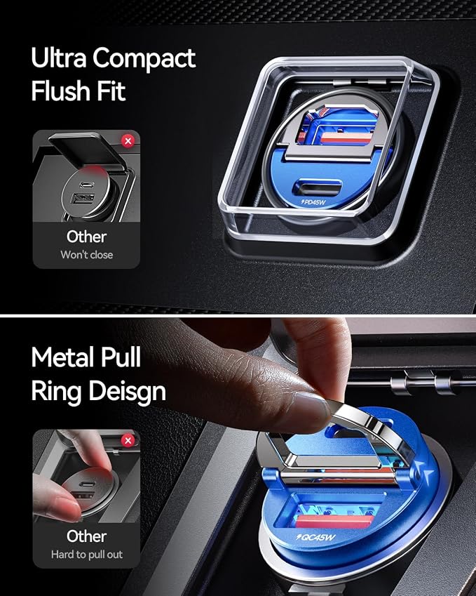 90W USB C Car Charger Fast Charge, PD45W & QC45W, Flush Fit, Extra 3.3ft Type C Cable, All Metal, Cigarette Lighter USB Charger for iPhone 16 15 Samsung S25 S24 S23 Ultra Pixel 8/8Pro/7-Blue