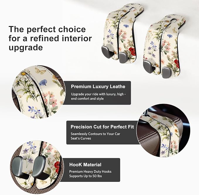 CoBak Purse Hook for Car - Universal Premium Stitched Leather and Aluminum-Magnesium Alloy Double Car Seat Back Storage Hook for Purses, Handbags, Bags (2 Pack),Antique Floralia