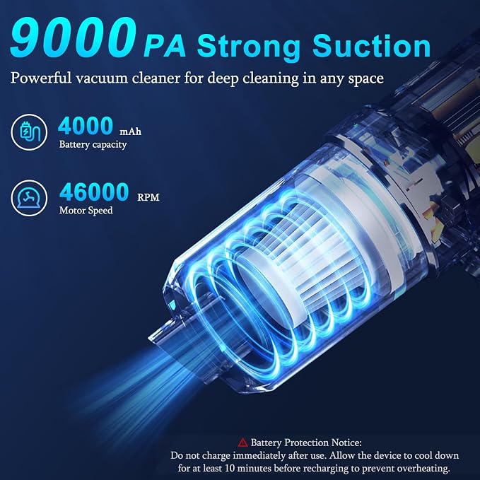 Handheld Car Vacuum Cleaner, 9000Pa Vacuum Cleaner and Air Duster, 120W High Power Hand Held Vacuum with LED Light and Multi-Nozzles for Car, Home, Office, Pet