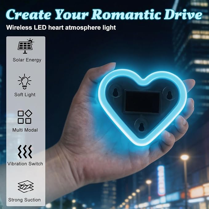 Upgrade Car Light LED Ambient Lights Heart Solar Lights Solar-Powered Heart-Shaped Neon Lights for Car Window Decorative 5 Modes Interior Outdoor Decor (Ice Blue)