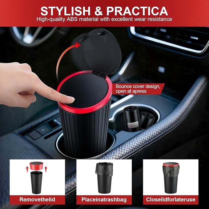 Car Trash Can with Lid, Leakproof Mini Garbage Bin for Car Cup Holder, Small Trash Can for Vehicle, Home & Office - Includes 30 Bags, Easy Clean (Black-Red)