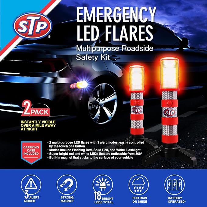 XTREME STP LED Road Flares, Emergency Road Flares for Vehicles, Car Flares with 3 Alert Modes, Magnetic Base, Foldable Stand, Emergency Roadside Lights, Visible Up to 1 Mile, White Flashlight