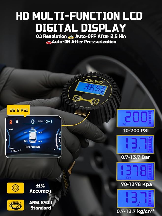 Digital Tire Inflator with Pressure Gauge, 200 PSI Heavy Duty Air Compressor Accessories, with 14'' Steel-Braided Hose Lock on Air Chuck and Quick Connect Coupler