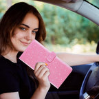 Car Registration & Insurance Holder - Leather Glove Box Organizer, Cool Accessories for ID, Driver's License Cards & Docs, Men & Women, Pink Glitter