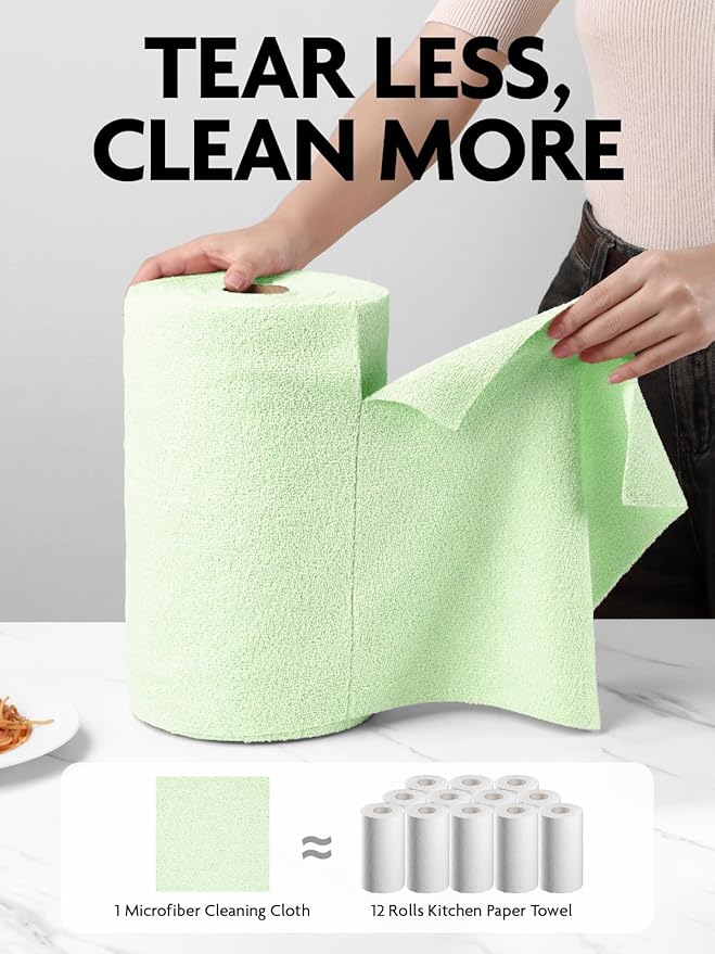 Microfiber Cleaning Cloth Roll- 75 Sheets, 12" x 12" (Green) | Super Absorbent, Lint-free, Tear-away Microfiber Towel Roll, for All-Purpose Cleaning, Reusable Alternative to Paper Towels