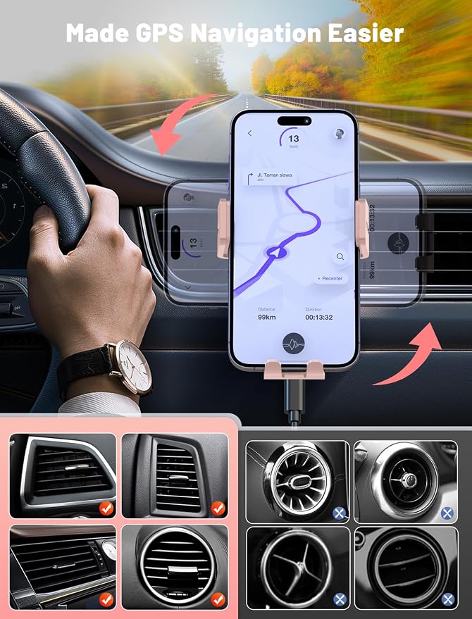 Wireless Car Charger, Auto-Clamping Car Mount 15W/10W/7.5W Fast Charging Air Vent Car Phone Mount Compatible with iPhone 15/14/13/13 Pro/12 Pro Max/12 pro/12/11/10 Series, Samsung Galaxy Pink