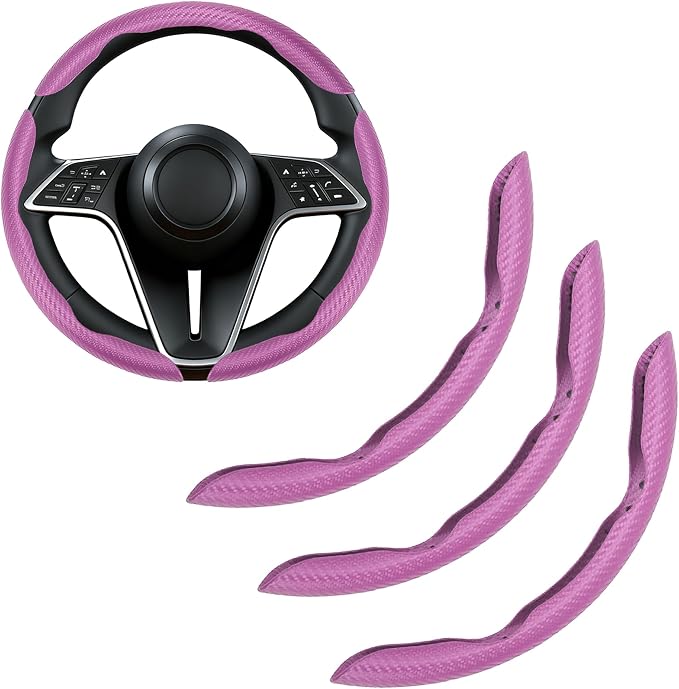 3Pcs Carbon Fiber Steering Wheel Cover Universal Fit 99% Cars | Non-slip soft grip, easy to wipe clean, quick to install, perfect for daily commutes and road trips, Pink