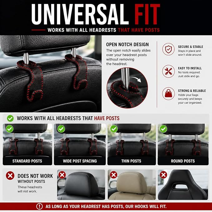 Car Headrest Hooks 4-Pack, Leather Wrapped Seat Hangers with Red Stitching | Metal Core, Holds Purses and Groceries, Universal Fit, Scratch Resistant, Space Saving, Heavy Duty