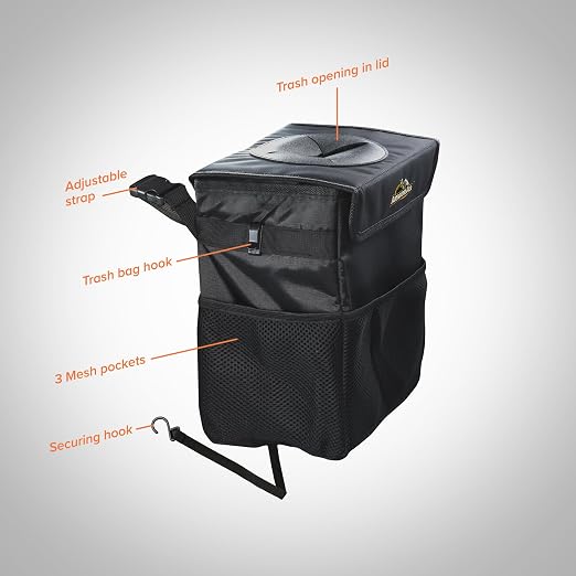 Car Trash Can & Organizer, 2.63 Gallon Waterproof Covered Garbage Bin, 3 Mesh Pockets, Collapsible for Easy Storage, Adjustable Strap & Hook for Backseat Hanging, 9.5” L x 6.25” D x 10.25” H