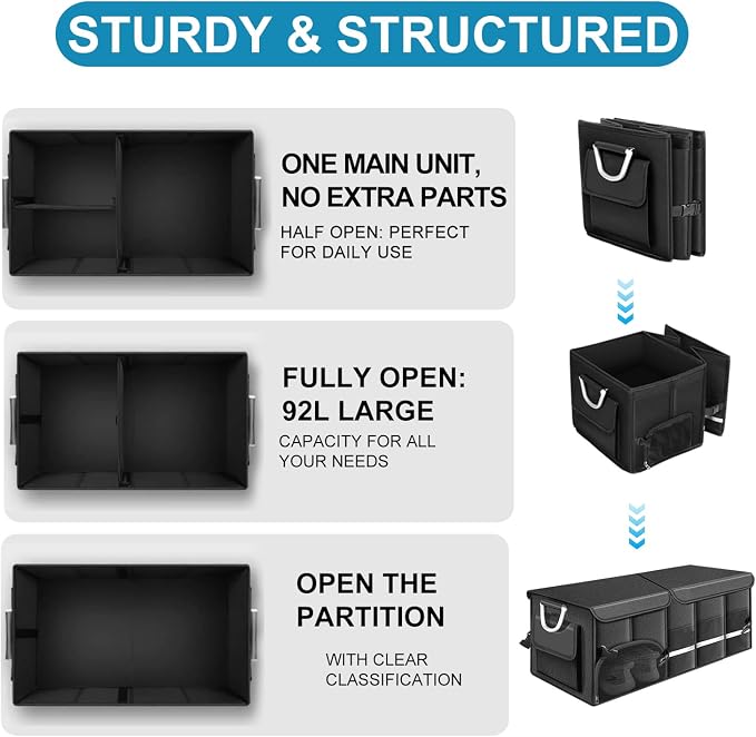 92L Large Collapsible Trunk SUV Organizer with Cover | 1680D Oxford Car Cargo Storage with Dividers, 4 Mesh Pockets, Reflective Strip, and Waterproof bag for Groceries and Wet Gear