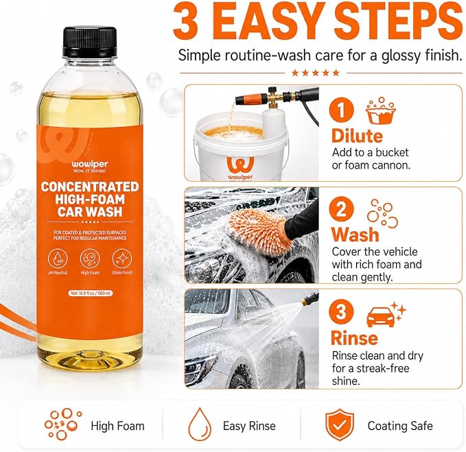 High Foam Car Wash Soap, pH Neutral Car Shampoo for Foam Cannon, Gun or Bucket Wash, Concentrated Car Soap Safe for Wax, Sealant, Ceramic Coating and Clear Coat, Gloss Finish Formula